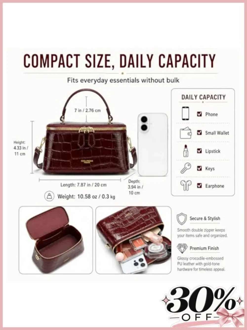 Croc-Embossed Faux Leather Crossbody Bag Adjustable Strap Small Square Satchel